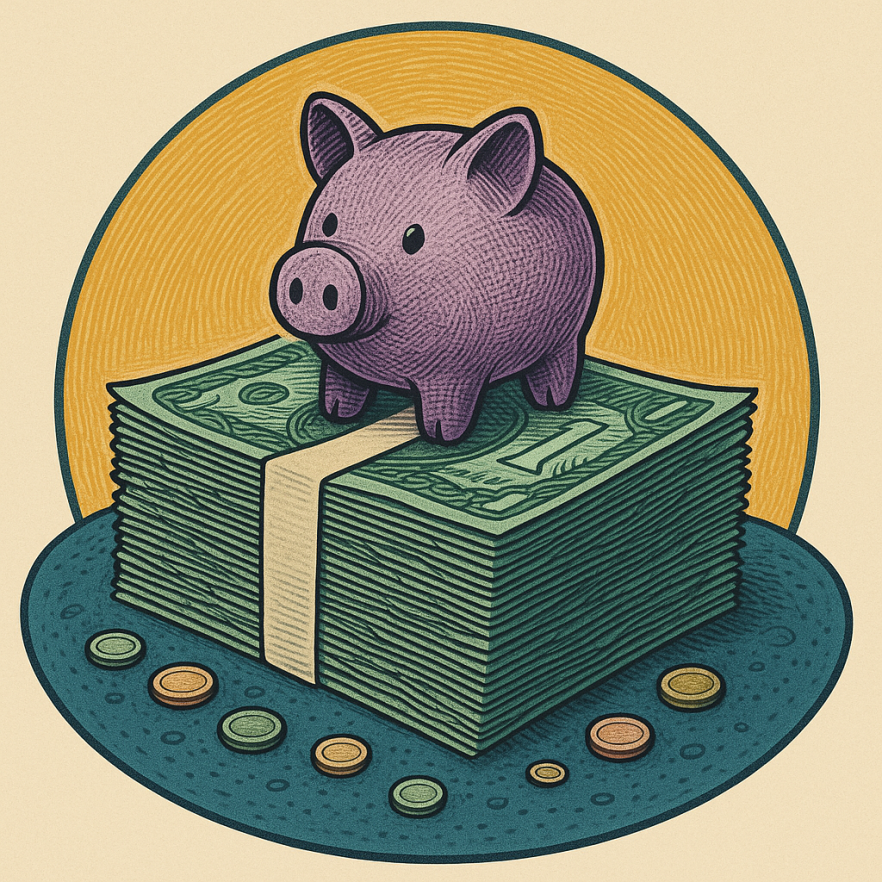 Piggy bank on stack of money representing bill savings